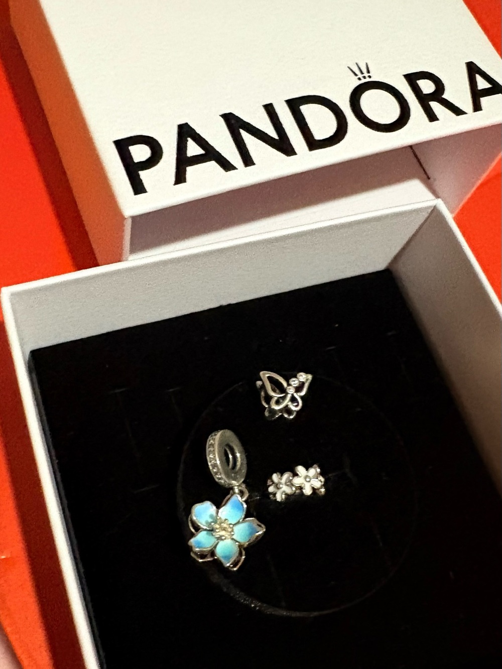 Pandora Silver Floral Charm Trio with Turquoise Enamel Flower